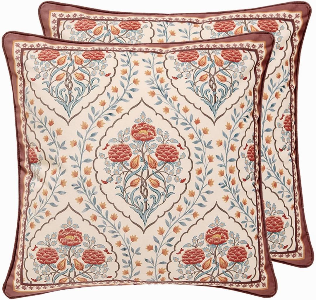 patdrea Designer Vintage Throw Pillow Covers 18"x18",Red Luxury Soft Velvet Pillows Cover with Birds Floral Pattern,Square Farmhouse Decorative Pillowcases for Couch,Bed,Outdoor Set of 2