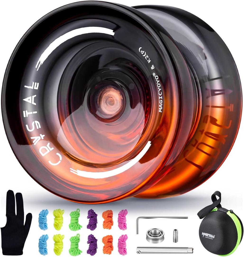 MAGICYOYO K2 Crystal Professional Responsive Yoyo for Kids Beginners Extra Unresponsive Yoyo Bearing Pro Plastic Trick Yo-yo for Adults+12 Yo-yo Stings+Bearing Removal Tool+Storage Bag-Black Orange