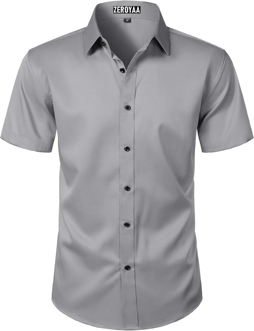ZEROYAA Men's Short Sleeve Dress Shirt Casual Wrinkle Free Stretch Modern Slim Fit Button Down Shirts (Gray, XL)