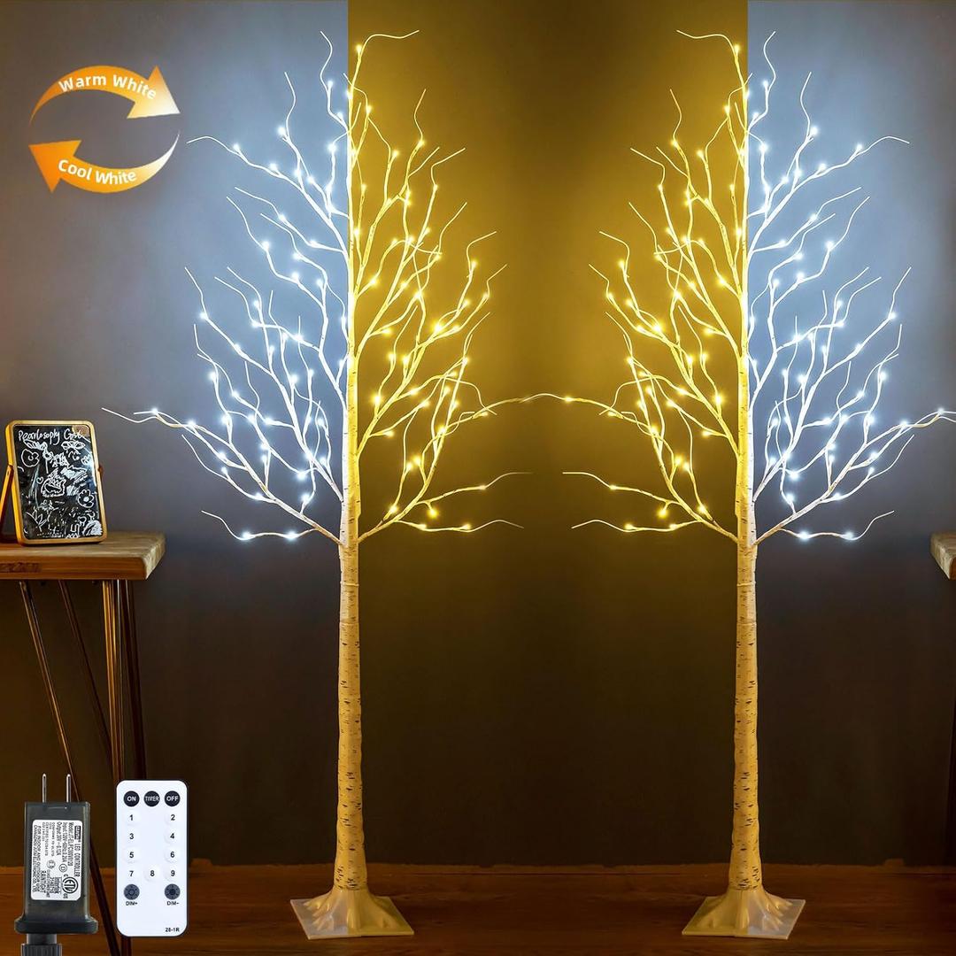 Set of 2 Lighted Birch Trees, 6ft 96LED Birch Tree Lights,Artificial Twig Tree Light 9Modes Timer for Indoor Outdoor Christmas Halloween Easter Home Party Wedding Decor,Warm & Cool White (6FT * 2)