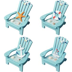 4 Pack Wooden Handmade Mini Chair Ornament Beach Decor Nautical Decoration for Bathroom Bedroom Decor Home Decor Article Home Office Desk, 4 x 3.75 x 3.75 inches (Blue)