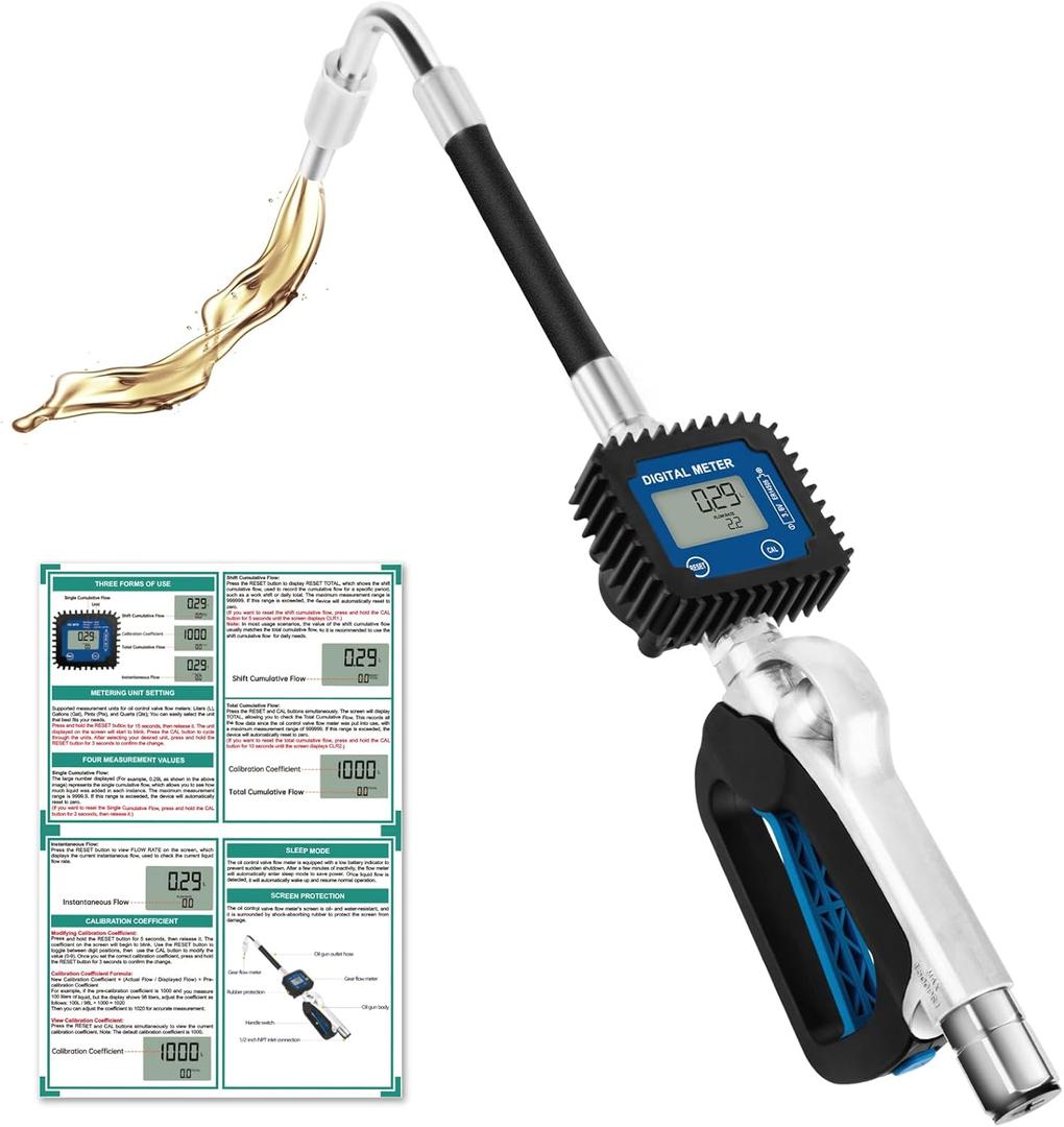 Digital Oil Control Valve Flow Meter Dispenser Nozzle 10 GPM / 35 LPM, Heavy Duty Air Operated Electronic Oil Metering Gun 1/2 Inch NPT Inlet, Oil Gun - Max Working Pressure 1500 PSI / 100 bar