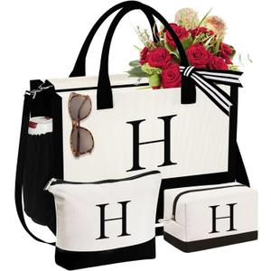 YOOLIFE Gifts for Women - Initial Canvas Tote Bag & Makeup Bag, Birthday Gifts for Women Mom Sister Friends