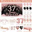 37th Birthday Decorations for Women, 49pcs Black Rose Gold Black Happy 37th Birthday Banner, Tablecloth, Butterfly Decor, Sash and Tiara, Cake Topper, Candles, Balloons Arch