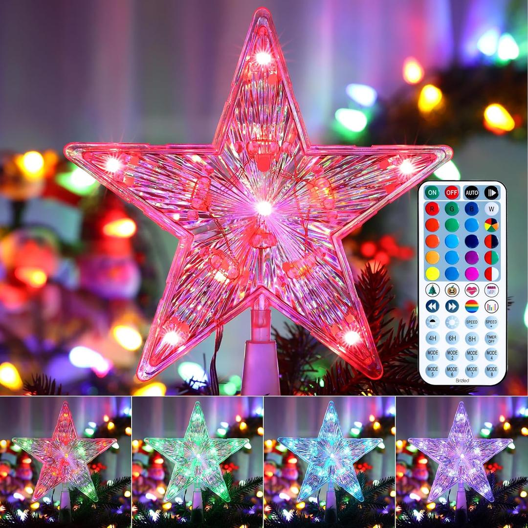 Brizled Small Star Tree Topper, 7.6" 11 LED Lighted Christmas Tree Topper, Color Changing Solid/Flash Treetop w/Remote, Battery/USB Powered Xmas Tree Topper, RGB Tree Top for Christmas Tree RGB Remote