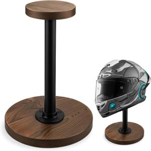 motofans® Industrial Style Helmet Stand, Rustic Burnt Solid Wood and Black Metal Pipe Cap and Wig Display Stand(1pcs)