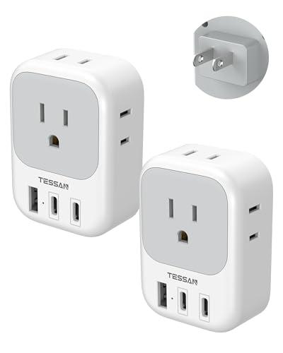 TESSAN US to Japan Plug Adapter 2 Pack,2 Prong to 3 Prong Outlet Adapter with 4 Outlets and 3 USB (2 USB-C), Power Adaptor US to Japan China Mexico Philippines Canada Peru Thailand Vietnam, Grey-white-Type A