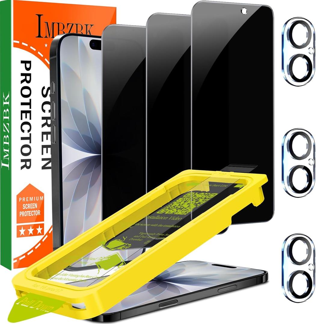 IMBZBK [Auto-Dust Removal] 3 Pack Privacy Screen Protector for iPhone 17 [6.3 INCH] Anti Spy Private Accessories, Case Friendly Film, Military Grade Tempered Glass 3 Camera Lens Protector
