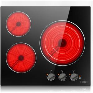 Noxton 24 Inch Electric Cooktop 3 Burners Electric Stove Top, Built-in 24" Radiant Electric Ceramic Cooktop with Knob Control, Hot Surface Indicator, 220-240v,5700W,No Plug, Hard Wire