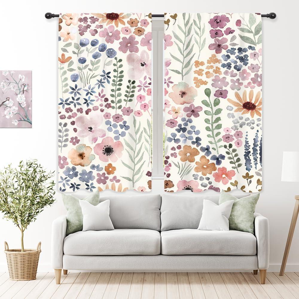 Riyidecor Colorful Floral Curtains Cute Boho Pink Wildflower Trendy Pretty Aesthetic for Girls Rod Pocket Watercolor Plant Leaves Botanical Bedroom Living Room Treatment Fabric 2 Panels 42Wx63H Inch