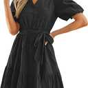 Simplee Womens 2026 Summer Mini Dress Eyelet V Neck Cotton Short Sleeve Hollow Out Belted Beach Vacation Sun Dresses M