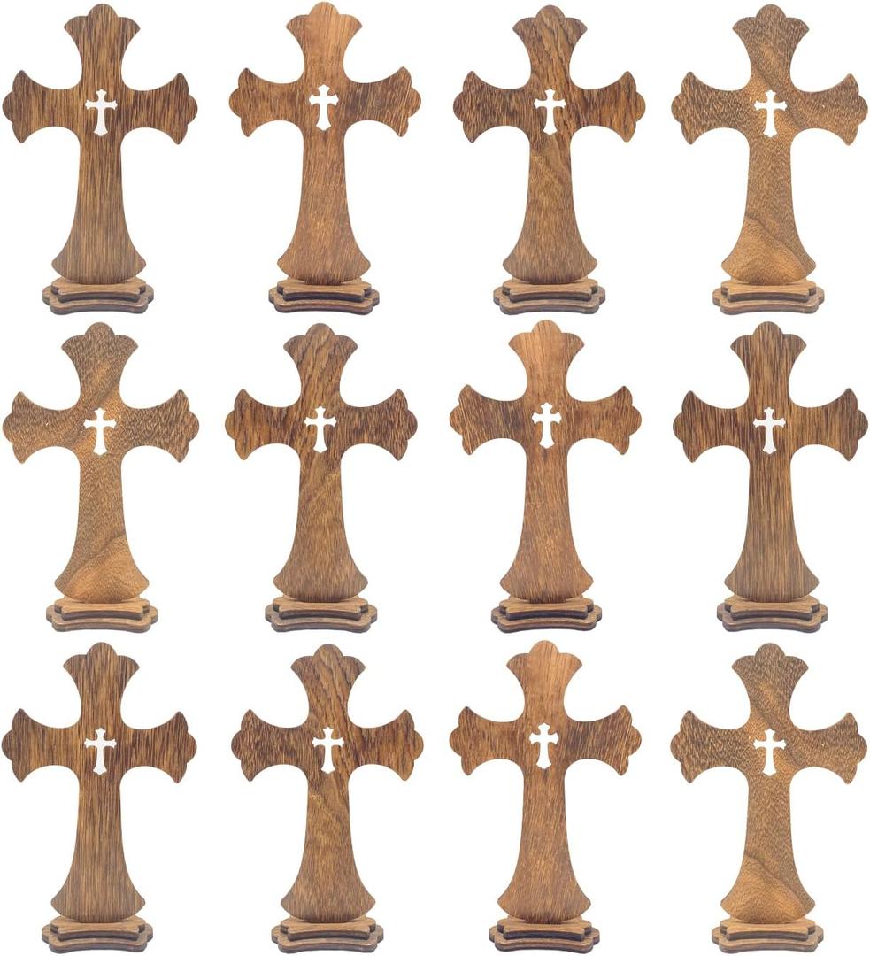 9 Inch 12 Pack Brown Wood Standing Crosses Wooden Tabletop Cross Rustic Cross for Baptism Centerpieces Home Church Decor Prayer Gifts