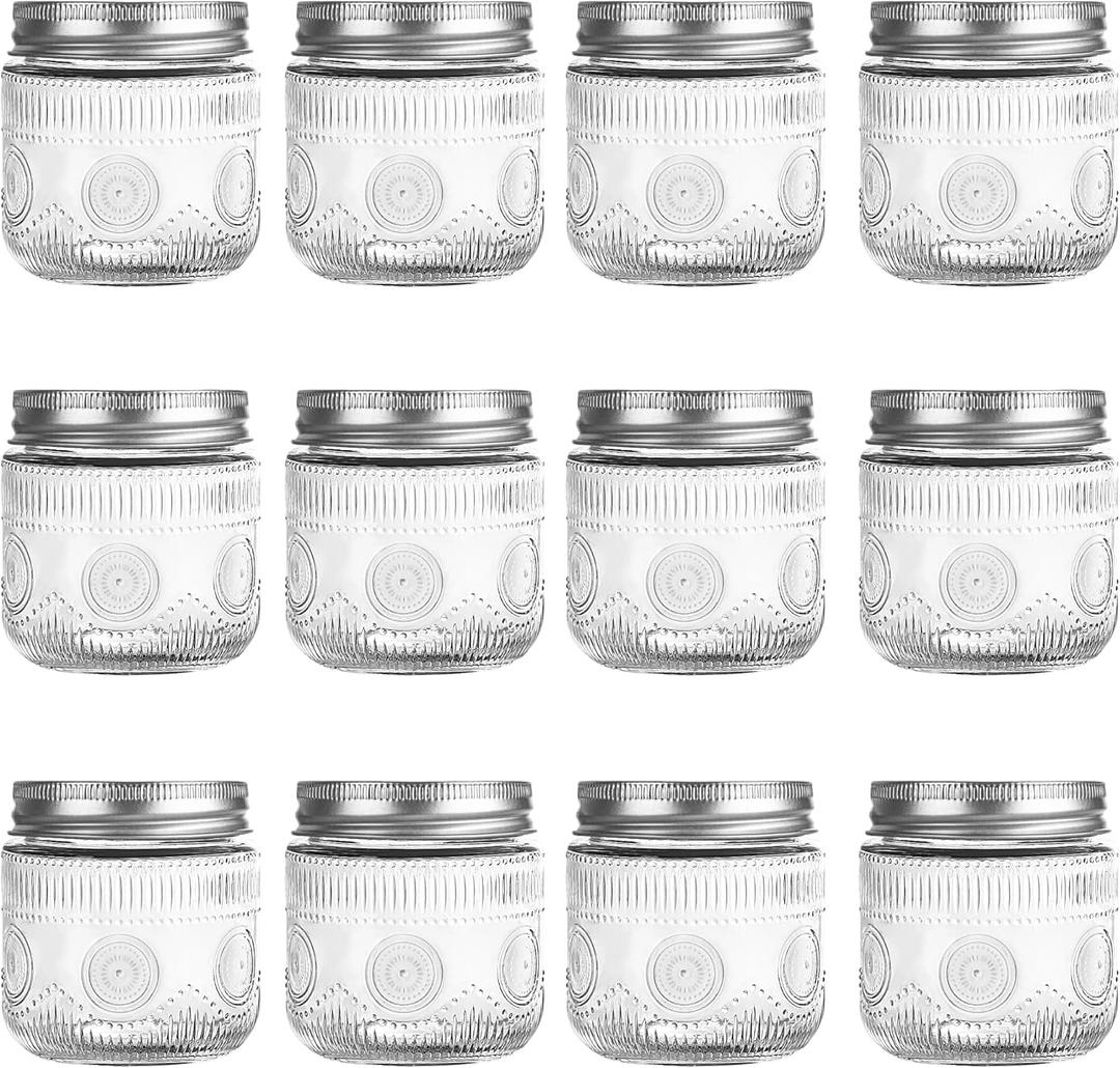 Amzcku 8 oz Vintage Mason Jars with Lids, Regular Mouth Canning Jar, Safe For Storage, Canning, Pickling, Preserving, Fermenting, DIY Crafts & Decor 12 Pack
