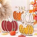 Leinuosen 4 Pcs Thanksgiving Fall Pumpkin Decoration Wooden Tabletop Signs Pumpkin of 4 Size, Autumn Table Centerpieces Season Tray Decor for Halloween Harvest Home Room Decoration(Autumn Colors)
