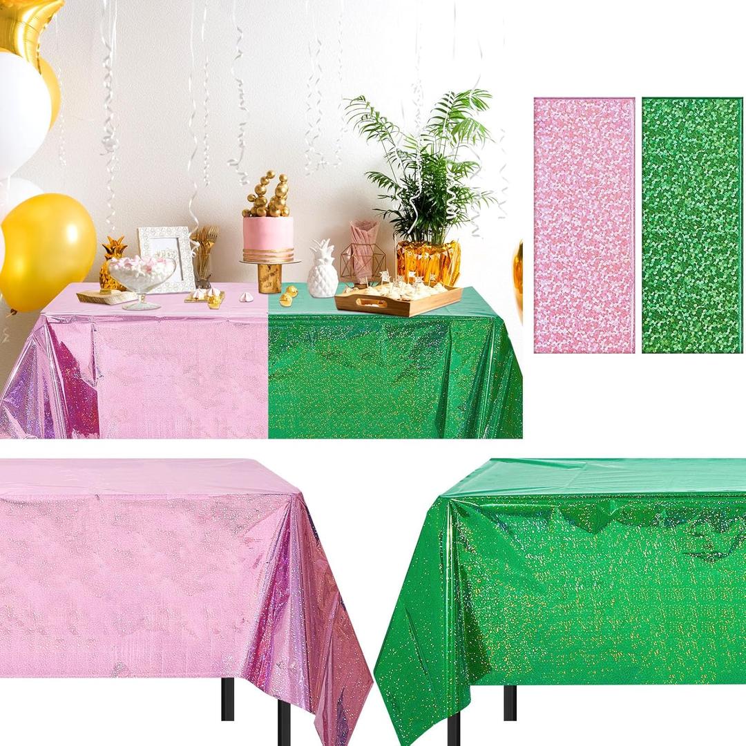 2 Pcs Witch Holographic Tablecloth for Birthday Party Pink and Green 54" x 108" Witch and Princess Themed Decoration Shimmer Iridescent Metallic Plastic Glitter Laser Rectangular Table Covers