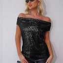 FOLUNSI Womens Sparkly Sequin Tops Cowl Neck Cap Sleeve Glitter Evening Cocktail Blouse Party Shirt (Black)