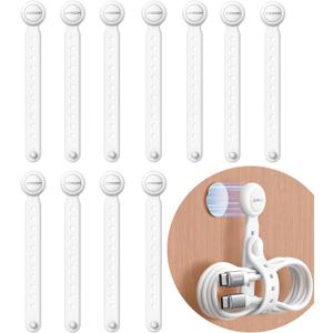 JOYROOM 12PCS Magnetic Cable Ties - Reusable Silicone Cord Organizer with Buckle Holes, Elastic Cable Management Straps for Data Cables, Charging Cords, and More (White)
