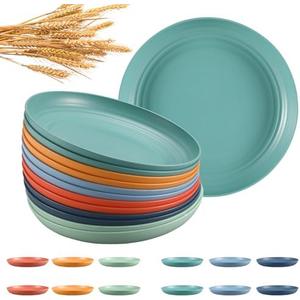 HEYCOME 12 Pcs Unbreakable Deep Dinner Plates Set, 10 inch Reusable Plastic Wheat Straw Plates, Microwave and Dishwasher Safe Plate for Kitchen, Lightweight Plate for Dessert, BPA Free, 6 Colors