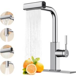 Waterfall Kitchen Faucet with Pull Down Sprayer, Hurran Stainless Steel Kitchen Sink Faucet with 4 Modes(Sweep/Stream/Waterfall/Sprayer),360 Swivel Modern, Chrome