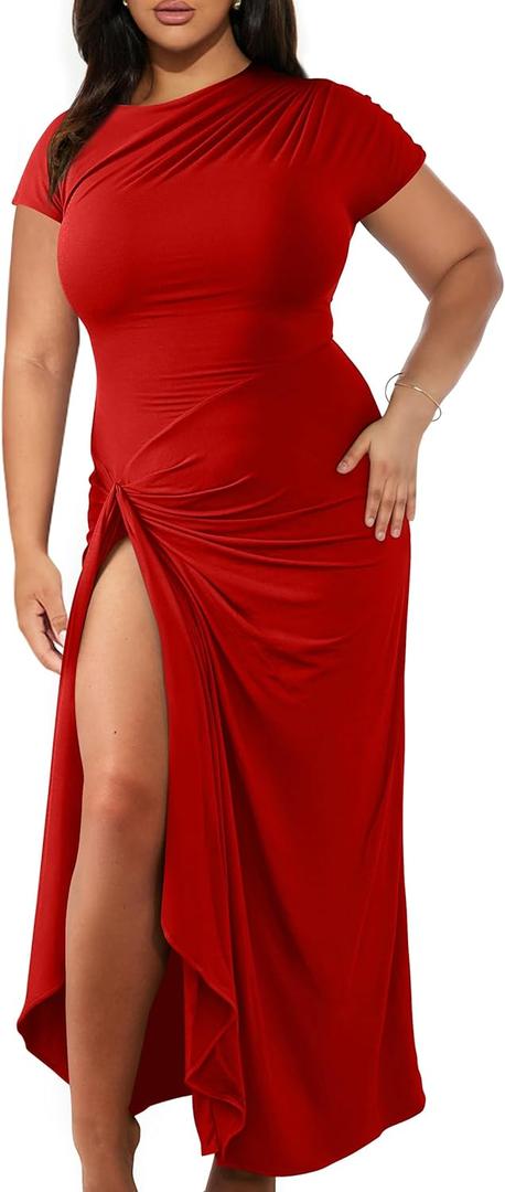GOKATOSAU Women's Asymmetry Neck High Side Split Bodycon Ruched Plus Size Long Maxi Dress (Red)