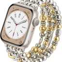 KOREDA Beaded Bracelet Compatible for Apple Watch Band 38mm 40mm 41mm 42mm 44mm 45mm 46mm Series 11 10 9 8 7 SE Women, Fashion Cute Handmade Elastic Beads Stretch Strap for iWatch Series 6/5/4/3/2/1 (Gold/Silver)