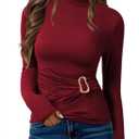 Pink Queen Women's 2025 Fall Long Sleeve Shirts Mock Neck Button Decor Ruched Slim Fit Going Out Tops (Burgundy), S