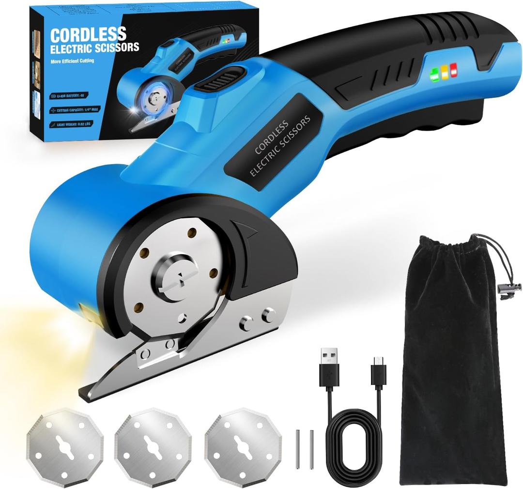 Cordless Electric Scissors,4V Rechargeable Cardboard Cutter Heavy Duty Scissor with Safety Lock & LED Light for Box Carpet Plastic Fabric(Blue
