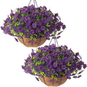 Hananona 2 Set Artificial Outdoor Flowers with Hanging Basket, 2 Hanging Planters with 24 Pcs Flowers for Spring Summer Front Porch Garden Patio Home Decor (2, Purple)