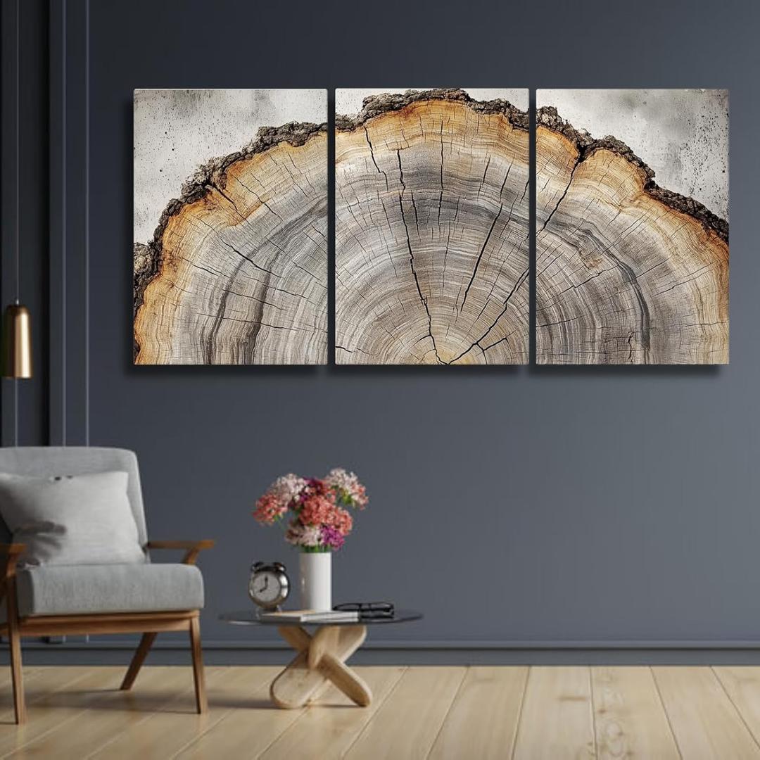 sawjug Tree Ring Wall Art, Tree Ring Canvas Wall Art, Neutral Wall Decor, Living Room, Office, Bedroom Wall Decor (24" x 36" x 3 pcs)