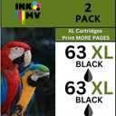 INK MV 63XL Black Printer Cartridges, High-Yield XL Replacement for HP 63, 2 Pack