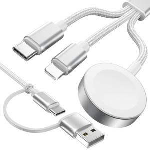 White-Upgraded 3 in 2 USB C Cable for Watch Charger Phone Charger USB C Multi Fast Charging Cable Compatible with Watch Ultra/SE/10/9/8/7/6/5/4/3/2/1 & Phone 16/15/14/Galaxy S23-4FT
