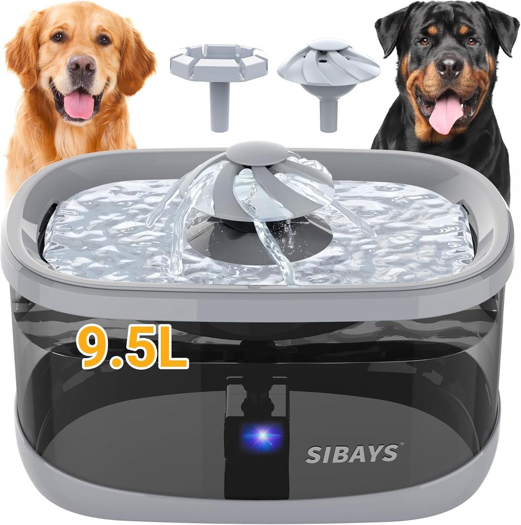 SIBAYS 9.5L Dog Water Fountain for Large Dogs, 2.5Gal Large Capacity Pet Water Fountain with 3 Flow Modes and LED Light, Automatic Ultra Quiet Dog Water Bowl Dispenser, Easy to Clean (FS82, Grey)