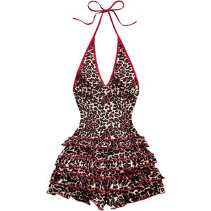 Milumia Women's Leopard Print Sleeveless Halter Romper Y2K Contrast Binding Shorts Jumpsuit (Medium, Red and Brown)