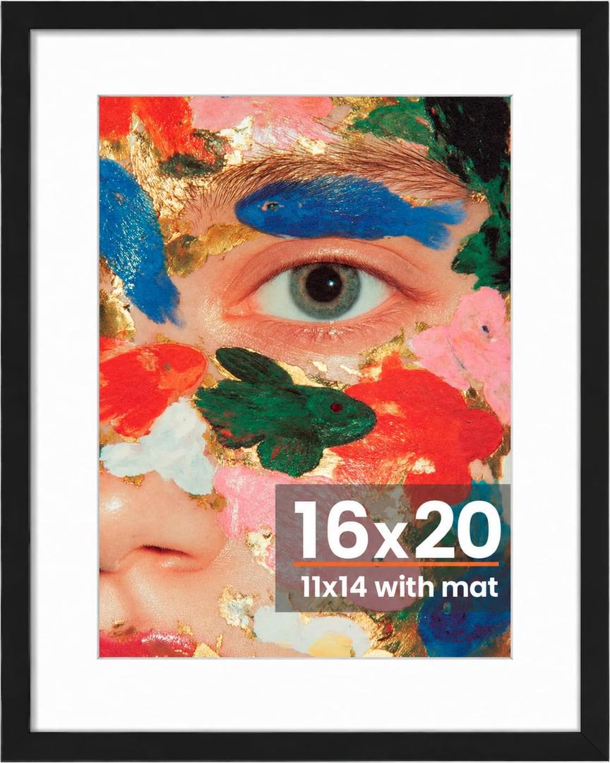 16x20 Picture Frame, Photo Frame with HD Plexiglass, Display Pictures 11x14 with Mat or 16x20 Without Mat for Wall Display, Wall Hanging Photo Frame,1 Pack, Black