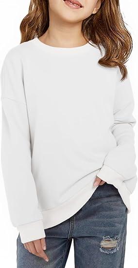 Haloumoning Girls Crewneck Sweatshirts Kids Casual Long Sleeve Loose Tops Fall Comfy Lightweight Pullovers 9-10 Years White