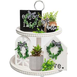 GENMOUS & CO. 2 Tiered Beaded Tiered Tray, Wooden Farmhouse Decoration for St Patrick's Day, with 3pcs Signs and 1pc Wood Bead Garland for Country Rustic Home Coffee Table Decor