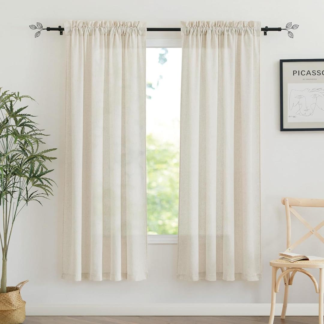 RYB HOME Linen Sheer Curtains 2 Panels for Living Room, Semi Transparent Privacy Drapes with Rod Pocket Farmhouse Style Window Treatments for Bedroom, Linen, 52" W x 72" L