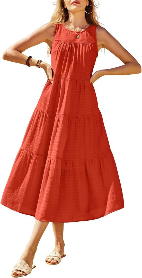 Newshows Women's 2024 Summer Midi Dresses Sleeveless Crewneck Beach Boho Casual Loose Long Flowy Tiered Sundress with Pockets, Size L