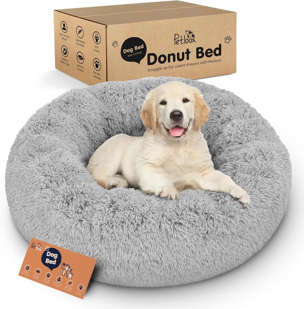 Donut Dog Bed - Premium Comfort for Anxiety Relief - Fluffy & Calming Design with Ultra-Plush Support | Cozy Round Dog Bed with Super Soft Circle Style (Grey, Small)