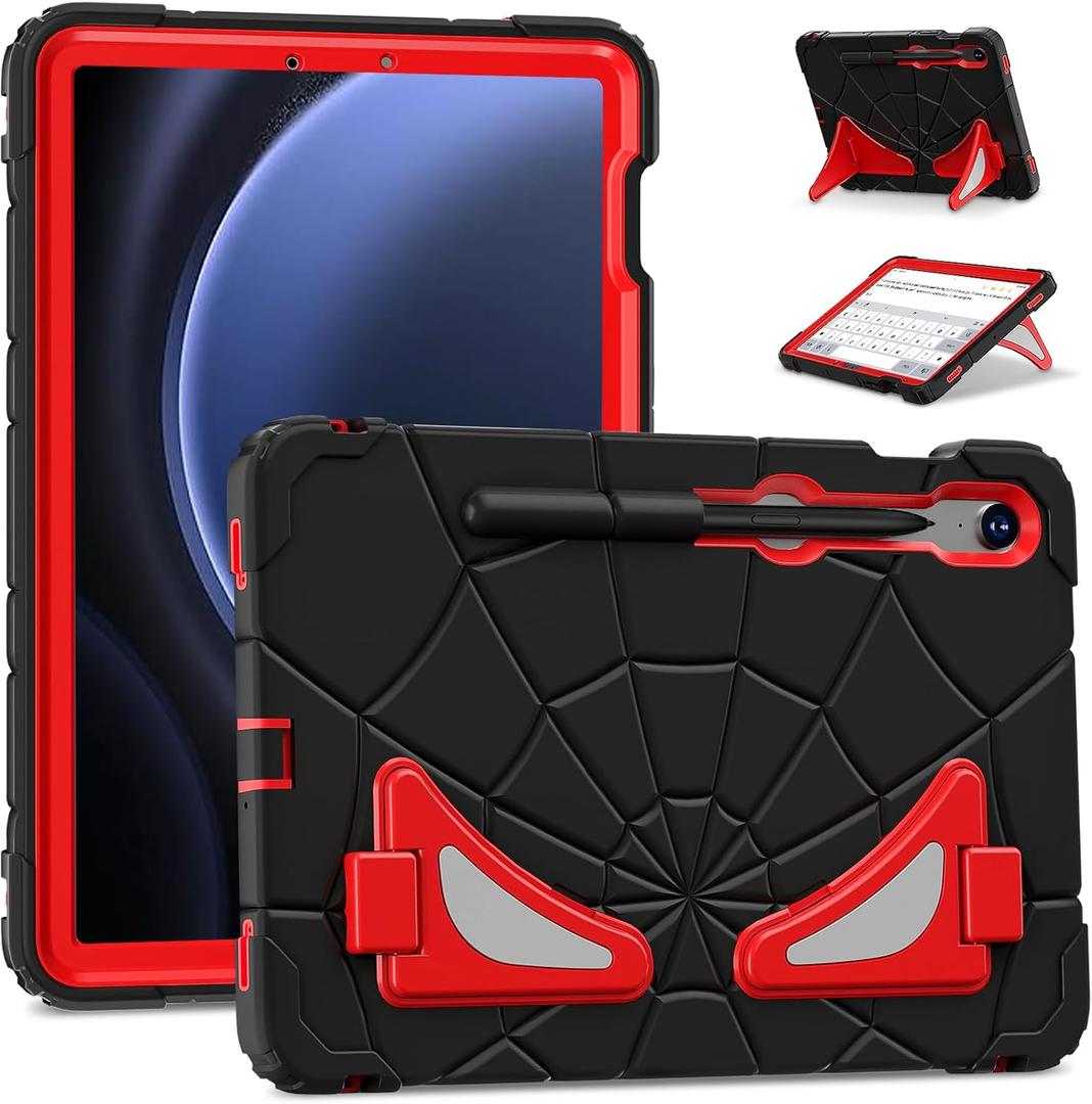 AKABEILA Compatible with Samsung Galaxy Tab S7/S8/S9/S9 FE 11 inch(2023) Tablet CaseLightweight Shockproof Rugged Protective Cover with Kickstand for Kids Children Boys Babies Black Red