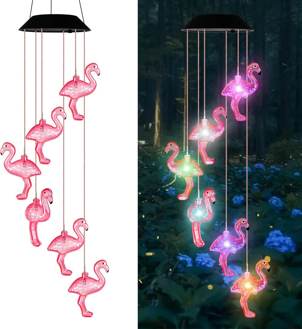 Flamingo Solar Wind Chime Light for Outdoor Decor  Waterproof Solar-Powered Wind Chime with 6 Color-Changing LED Flamingo Lights, Decorative Lights for Holiday Housewarming - Unique Gifts for Her