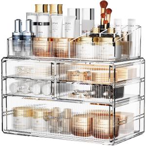 ZHIAI Stackable Organizer, Acrylic Cosmetic Organizer for Dresser, Vanity, Kitchen Cabinet, Bathroom, Under Sink, Home Organization and Storage (1 Top 5 Drawers)