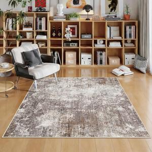 Washable 5x5 Area Rug Square Non-Slip Soft Indoor Rug for Kitchen Living Room Entryway Bathroom Modern Abstract Neutral 5ft Rug (Brown Beige, 5x5)