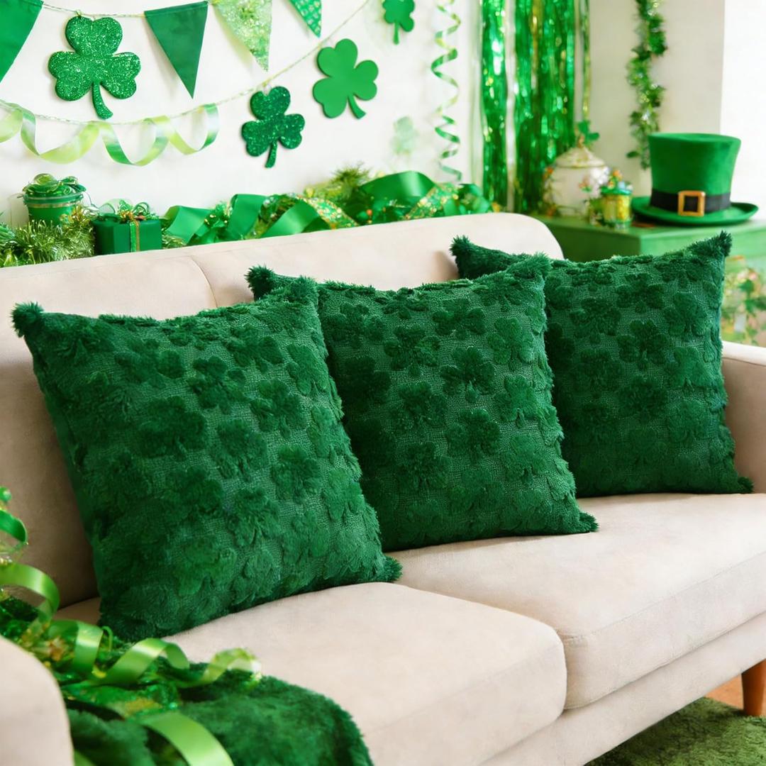 St Patricks Day Pillow Covers 18x18 Set of 3 Green Shamrock Throw Pillow Covers for Couch Sofa Soft Plush Spring Pillowcase for St.Patricks Day Home Decorations