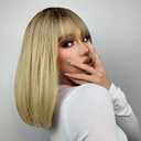 MIMAN 12 Inch Short Ombre Blonde Bob Wigs with Bangs Shoulder Length Straight Wig with Dark Root Synthetic Hair Replacement Wig for Women Halloween Costumes Cosplay Wigs