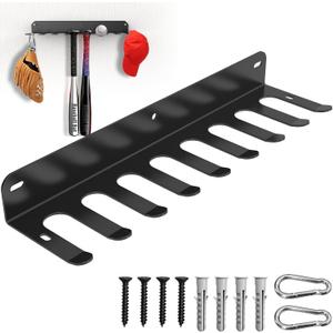 Wall Mount Baseball Bat Rack, Hold 16 Bats, Home Gym Sports Equipment Organizer Hanger, Olympic Barbells Holder, Heavy Duty Hooks for Hangs Bats, Gloves, Hats, Bags, Balls, Row Handles or Tools, Black