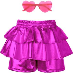 Girls Pleated Metallic Shorts Shiny Sparkle Ruffle Scooter Skater Dance Elastic Waist Rave Pants with Sunglasses for 6-13Y (Pink)
