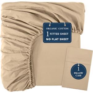 LANE LINEN 100% Organic Cotton Twin Fitted Sheets, 2-Piece Set (1 Fitted Sheet, 1 Pillowcase), Percale Weave, Ultra Soft, Breathable, Fits Mattress Upto 15' Deep - Linen (No Flat Sheet)