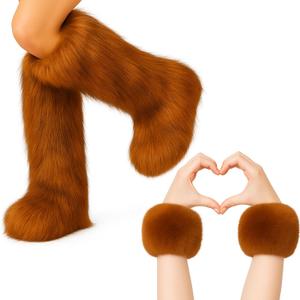 Berlune 2 Pairs Faux Fur Fuzzy Leg Warmers Furry Wrist Cuffs Fluffy Boot Covers for Women Girls Winter Christmas Costume (Brown)