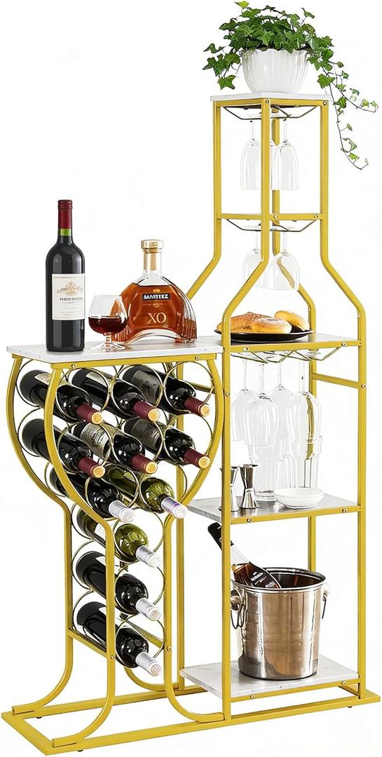 5-Tier Rack Freestanding Floor, 11 Bottles Modern Wooden Holder-Storage Cabinet for Home Bar, Kitchen, Dining Room Space Saving Bar Stand with Easy Assembly.(Gold/White)